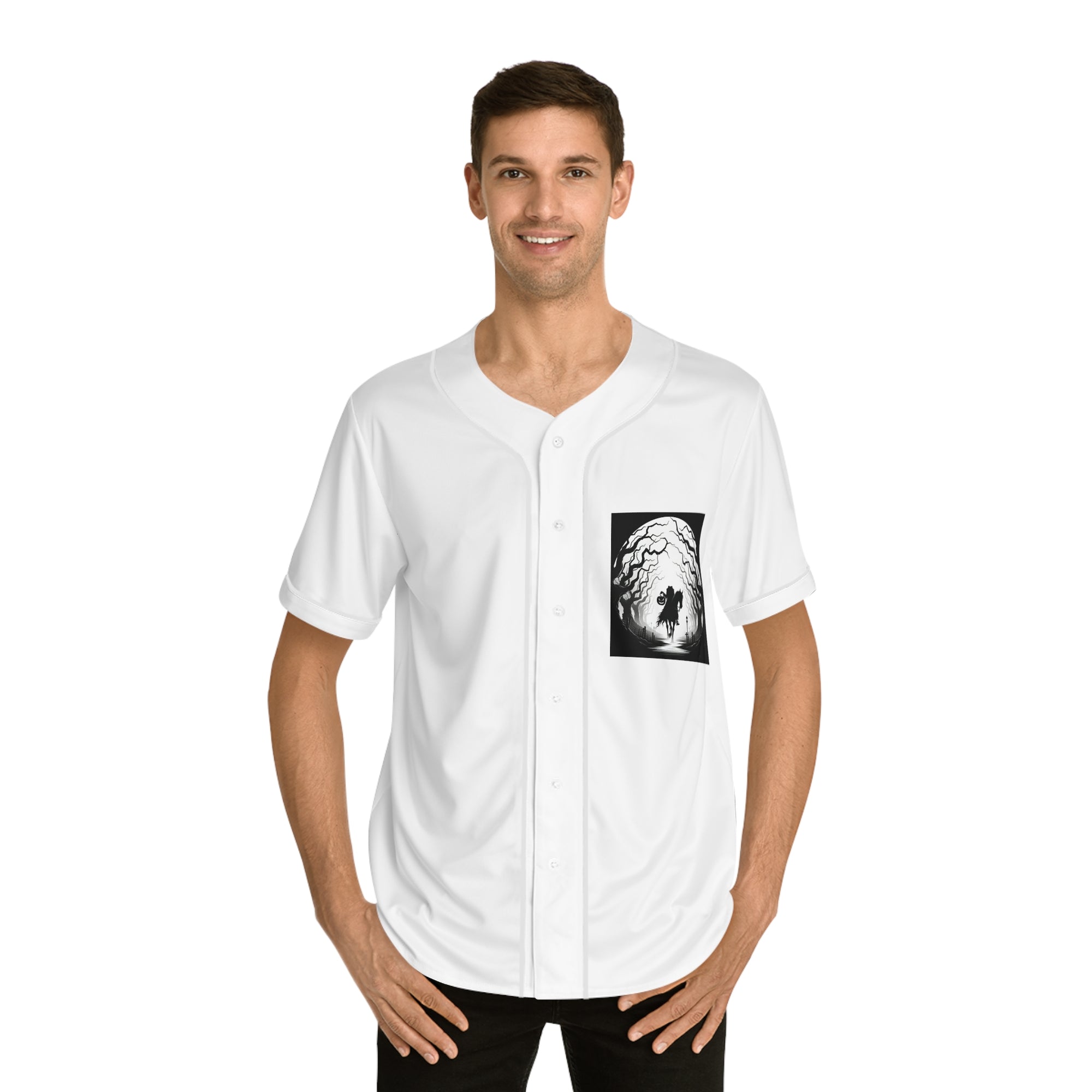 Men's Baseball Jersey with Spooky Horseman Design - Halloween Gift, Sportswear, Casual Wear, Graphic Tee, Unique T-Shirt