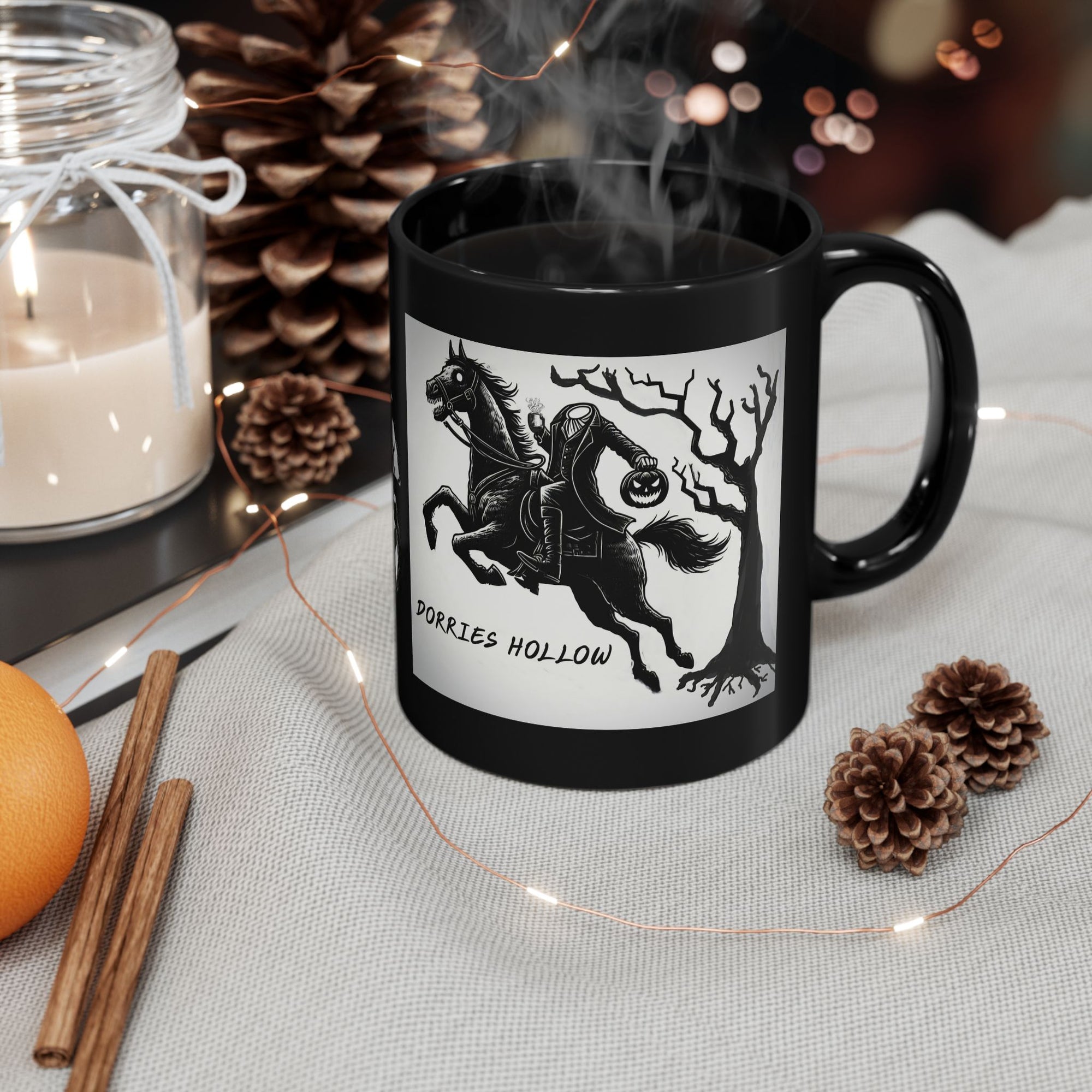 Halloween Themed Mug, Pumpkin Horseman Coffee Cup, Dorries Hollow Design, Fall Decor, Spooky Gift for Witch Lovers